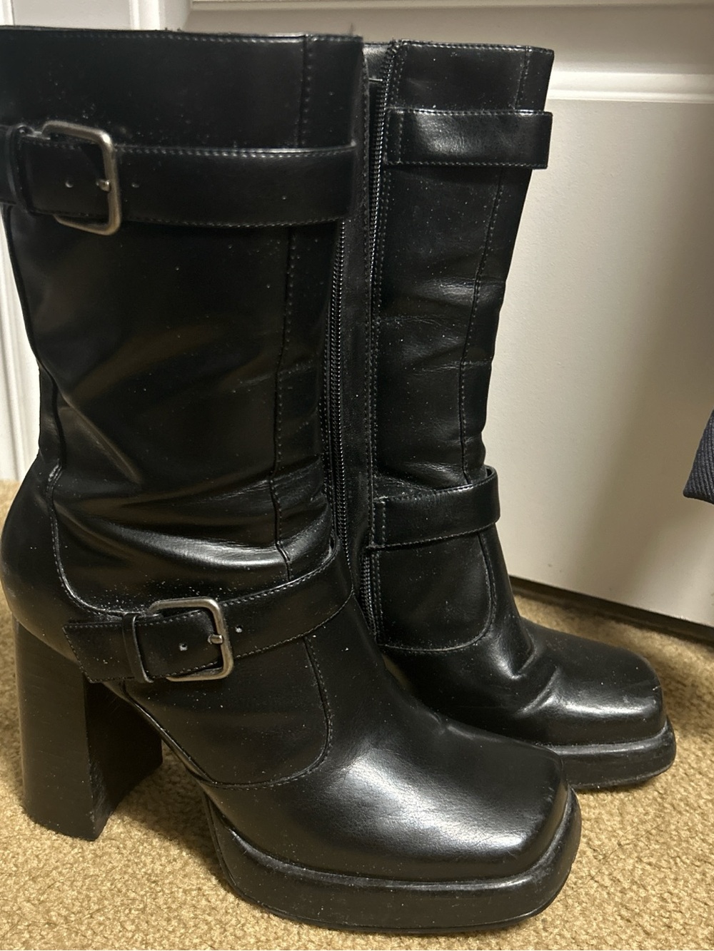 SO Black Mid-Calf Platform Heel Boots with Buckle Detail